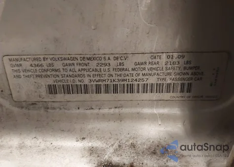 2009 Volkswagen Jetta Se из США, поврежденный, VIN 3VWRM71K39M124257